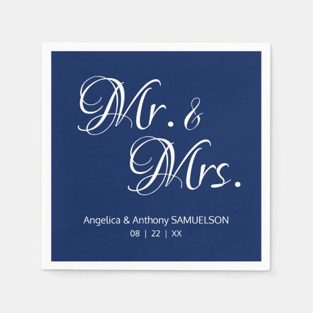 Personalized Mr. & Mrs. Navy Blue White Wedding Napkin (Front)