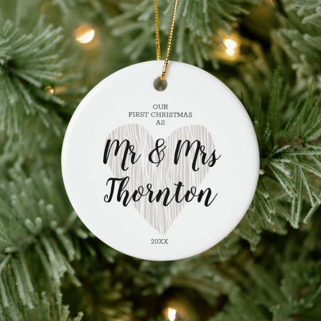 Personalized Mr & Mrs Simple Faux Bois Heart Xmas Ceramic Ornament (Tree)