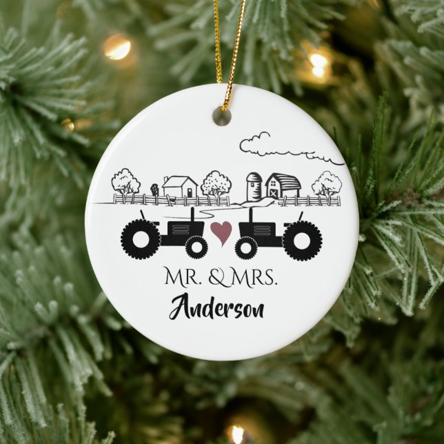 Personalized Mr & Mrs Tractor Farm 1st Christmas Ceramic Ornament (Tree)