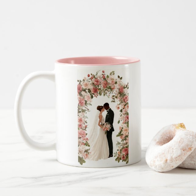 Personalized Mr & Mrs Wedding Mug - Custom Floral  (With Donut)