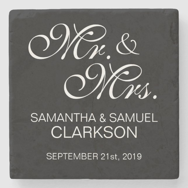 Personalized MR. & MRS. White Black Wedding Favour Stone Coaster (Front)