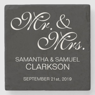 Personalized MR. & MRS. White Black Wedding Favour Stone Coaster