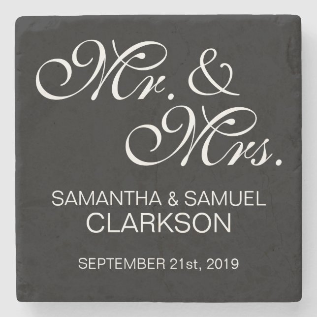 Personalized MR. & MRS. White Black Wedding Favour Stone Coaster (Front)