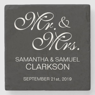 Personalized MR. & MRS. White Black Wedding Stone Coaster