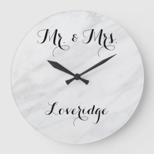 Personalized Mr. & Mrs. White Grey Grey Marble Large Clock