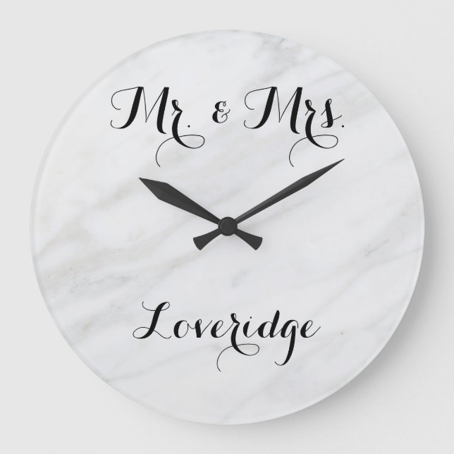 Personalized Mr. & Mrs. White Grey Grey Marble Large Clock (Front)