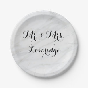 Personalized Mr. & Mrs. White Grey Grey Marble Paper Plate