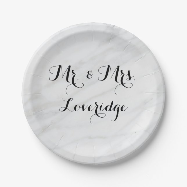 Personalized Mr. & Mrs. White Grey Grey Marble Paper Plate (Front)