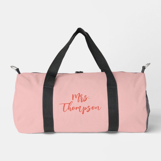 Personalized Mrs. Bride Name Pink Orange Script Duffle Bag (Front)