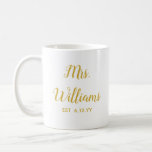 Personalized Mrs Est Newlywed Bride Gift Custom Coffee Mug<br><div class="desc">personalized mrs est your date,  engagement gift for bride wedding,  present for bride wedding gift,  monogram last name newlywed modern,  bachelorette party mrs newly engaged,  bridal shower recently married mug,  bride mug fiancee birthday gift,  custom personalize her calligraphy cup,  just married trendy simple script,  cute gold and white typography</div>