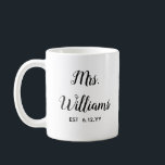 Personalized Mrs Est Your Date Bride Gift Custom Coffee Mug<br><div class="desc">personalized mrs est your date,  engagement gift for bride wedding,  present for bride wedding gift,  monogram last name newlywed modern,  bachelorette party mrs newly engaged,  bridal shower recently married mug,  cute black and white typography,  bride mug fiancee birthday gift,  custom personalize her calligraphy cup,  just married trendy simple script</div>