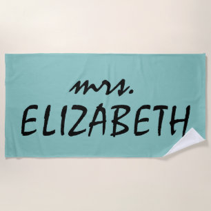 Personalized Mrs Teal And White Newlywed Bride Beach Towel