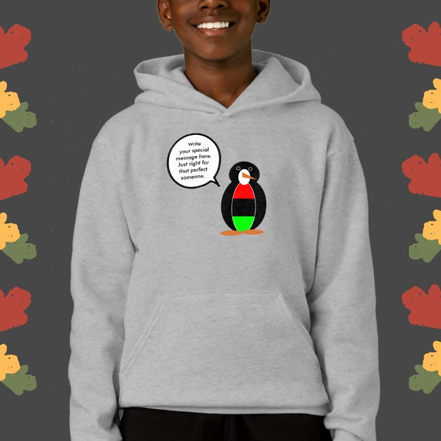 Personalized Ms Penguin African Diaspora Talking (Boy's hoodie with penguin wearing African Diaspora Flag. Talk bubble lets you add personalized text )