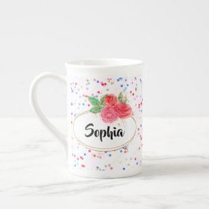 Personalized mug, glitter flower cup, custom name bone china mug