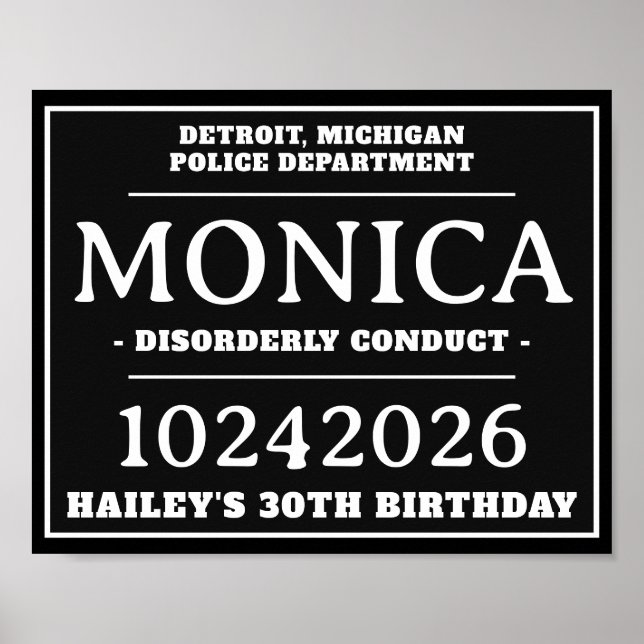Personalized Mug Shot Signs, Birthday Party Poster (Front)