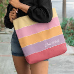 Personalized Multi Color Block Stripes Art Pattern Tote Bag<br><div class="desc">Stylish and classy chic contemporary classic coral red, violet-purple, light orange, pink, and light yellow colored block stripes pattern design. With room to customize with name of your choice. Beautiful, original and cool cover for the trend-savvy and art-loving hip trendsetter, trendy look style motif lover.</div>