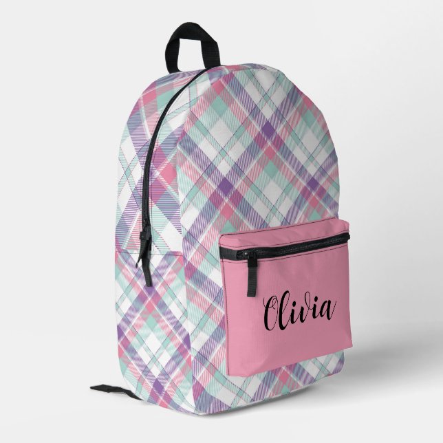 Personalized  Multi-Coloured Plaid  Printed Backpack (Back Corner Left)