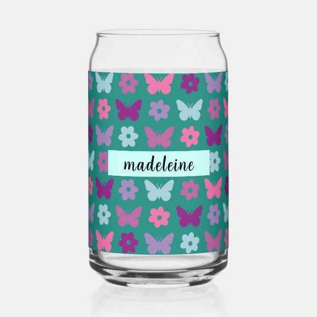 Personalized Multicolor Florals & Butterflies Can Glass (Back)