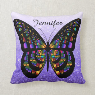 Personalized Multicolored Butterfly On Blue Throw Pillow