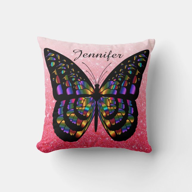 Personalized Multicolored  Butterfly On Pink Throw Pillow (Front)