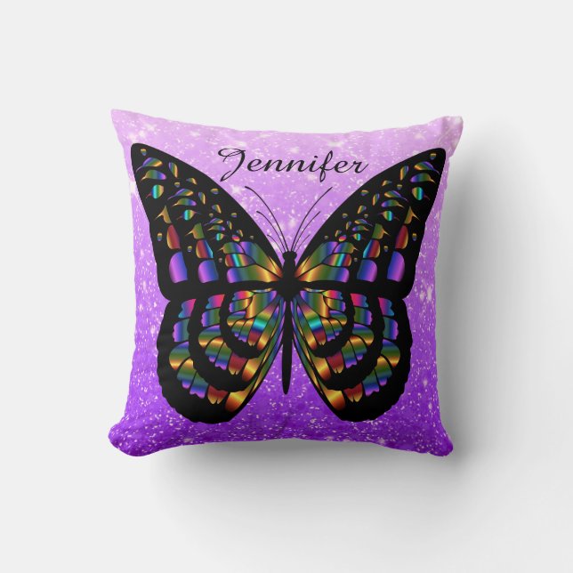 Personalized Multicolored  Butterfly On Purple Throw Pillow (Front)