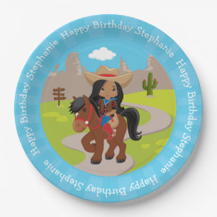 Personalized Multicultural Birthday Cowgirl Paper Plate