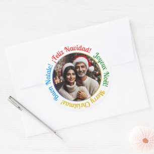 Personalized Multilingual Merry Christmas Photo  Classic Round Sticker