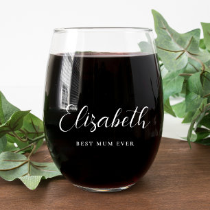 Personalized Mum White Script Monogram Stemless Wine Glass