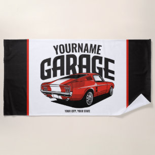 Personalized Muscle Car 1967 Red Fastback Garage  Beach Towel