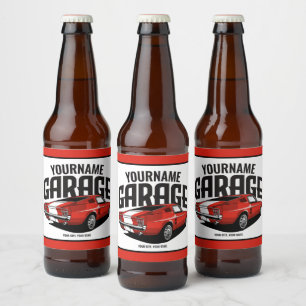 Personalized Muscle Car 1967 Red Fastback Garage Beer Bottle Label