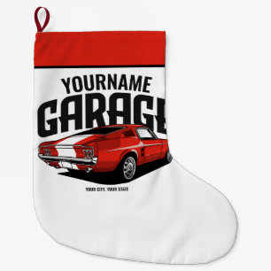 Personalized Muscle Car 1967 Red Fastback Garage  Large Christmas Stocking