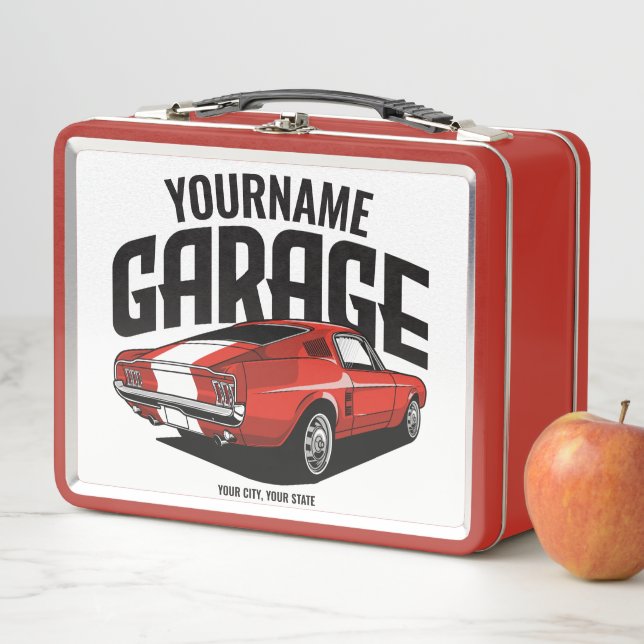 Personalized Muscle Car 1967 Red Fastback Garage Metal Lunch Box (In Situ)