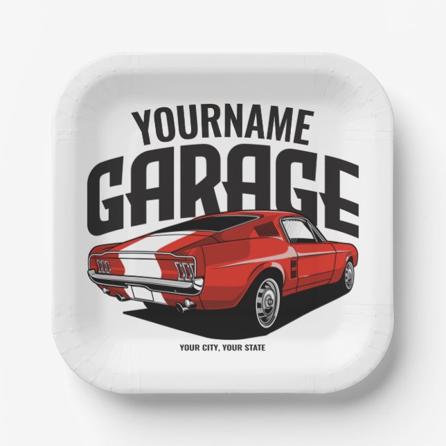 Personalized Muscle Car 1967 Red Fastback Garage Paper Plate (Front)