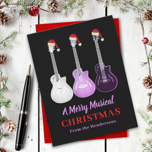 Personalized Music Lovers Christmas  Holiday Postcard (Personalized music lovers merry christmas Funny pink guitars wearing Santa hats holiday card)