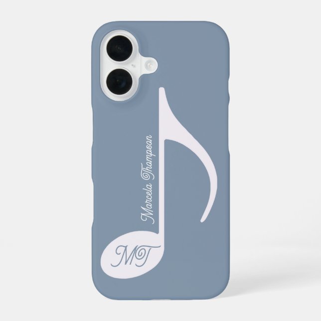 Personalized Musical Note Dusty Blue iPhone 16 Case (Back)