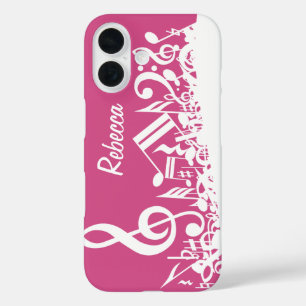Personalized Musical Notes Hot Pink and White iPhone 16 Case