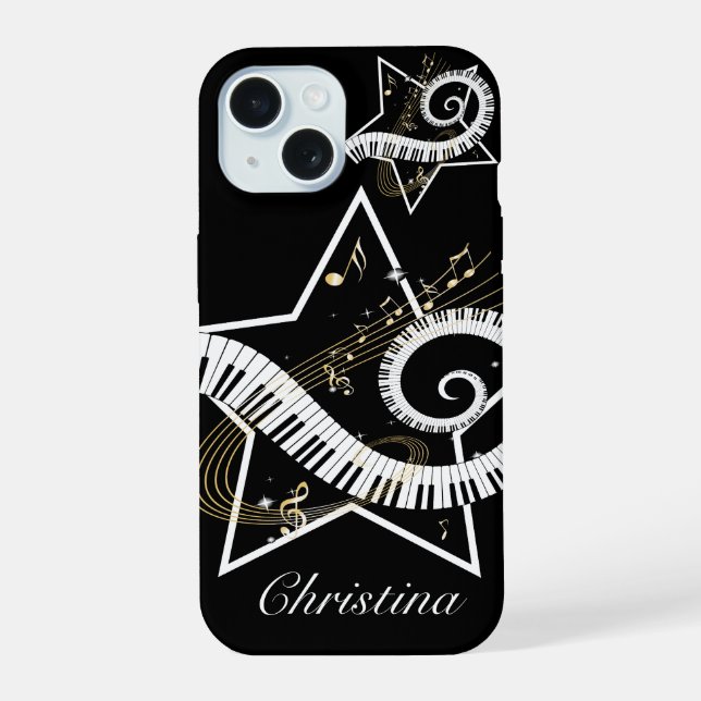 Personalized Musical Star golden notes iPhone 15 Case (Back)