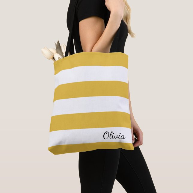 Personalized Mustard and White Striped Tote Bag (Close Up)