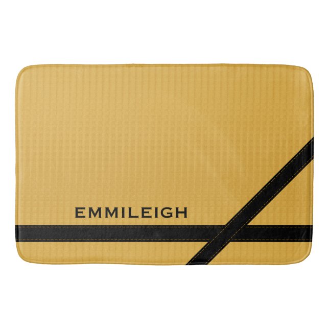 Personalized Mustard Yellow and Black Striped Bath Mat (Front)
