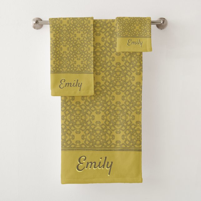 Personalized Mustard Yellow Pattern Bath Towel Set (Insitu)