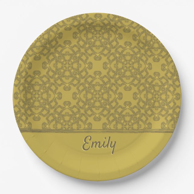 Personalized Mustard Yellow Pattern Paper Plate (Front)