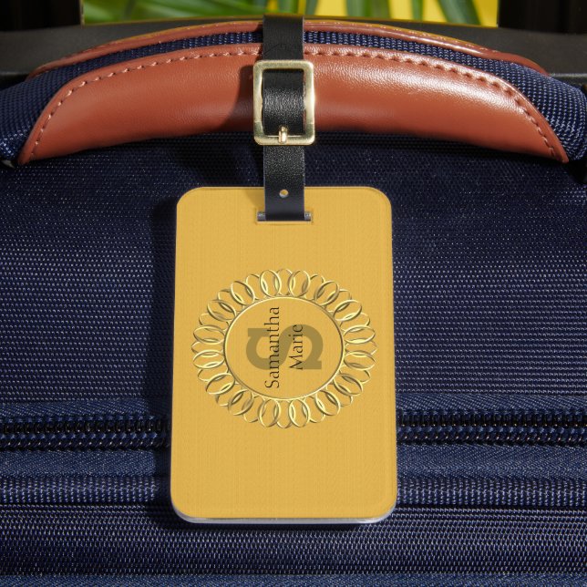Personalized Mustard Yellow with Gold Frame Luggage Tag (Front Insitu 2)