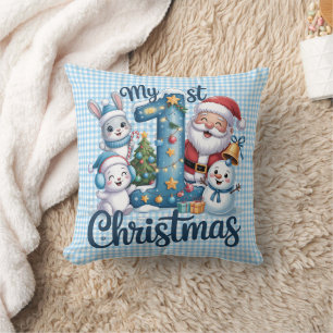 Personalized My 1st Christmas Blue & White Checker Throw Pillow