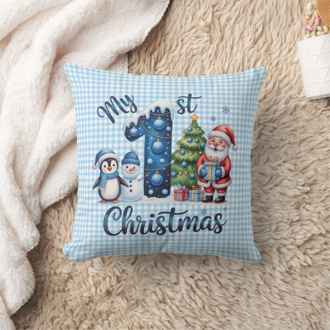 Personalized My 1st Christmas Blue & White Checker Throw Pillow (Blanket)