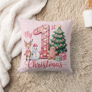 Personalized My 1st Christmas Pink & White Checker Throw Pillow