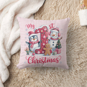 Personalized My 1st Christmas Pink & White Checker Throw Pillow