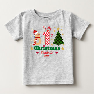 Personalized My 1st Christmas Snowman Candy Cane Baby T-Shirt