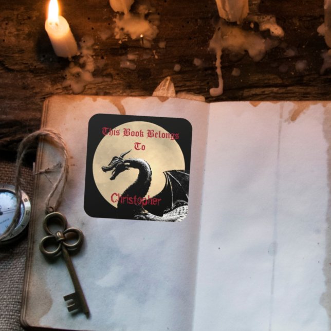 Personalized Mythical Dragon Bookplate Square Sticker (Creator Uploaded)