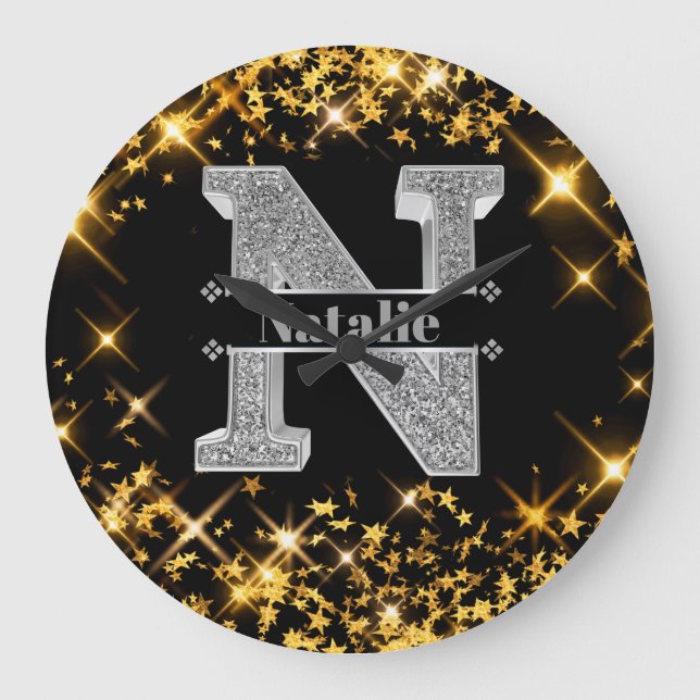 Personalized N Initial Silver Monogram Your Name Large Clock (Front)
