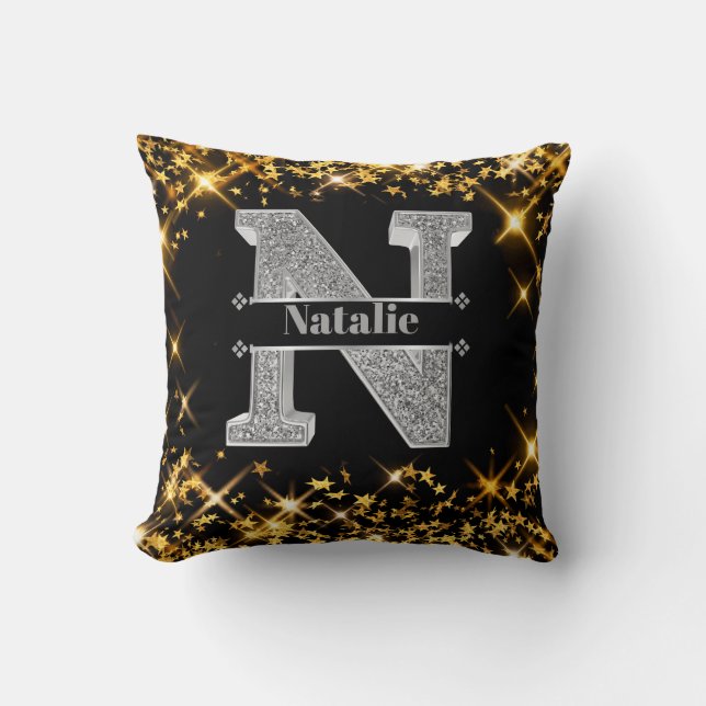 Personalized N Initial Silver Monogram Your Name Throw Pillow (Front)